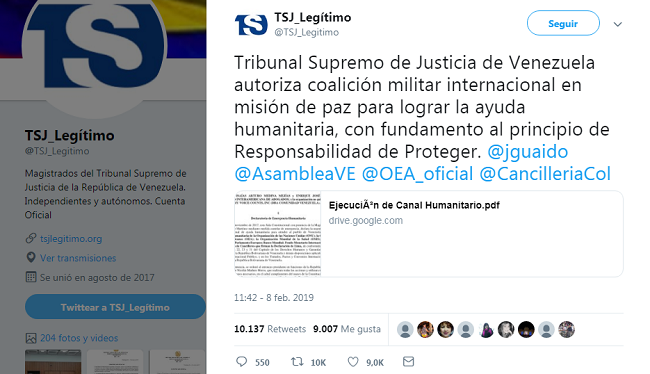 El TSJ en el exilio autoriza coalición militar para el ingreso de ayuda humanitaria a Venezuela