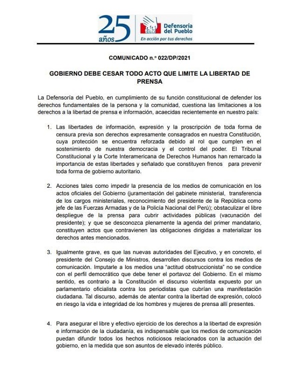 Perú – Día 0012: Defensoría del Pueblo solicita al gobierno cesar actos contra la libertad de prensa