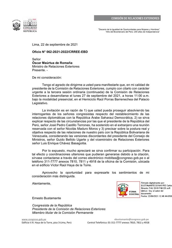 Perú – Día 0059: Comisión de RREE cita de urgencia al canciller Maúrtua para explicar reunión reservada entre Maduro y Castillo