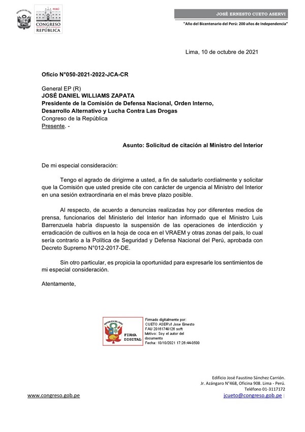 Perú – Día 0075: Congreso citará de urgencia al nuevo ministro del Interior por supuesta suspensión de erradicación de cultivos de hoja de coca