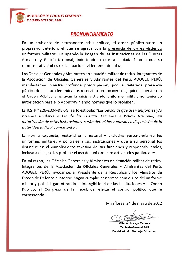 Perú – Día 0304: La Adogen expresa profunda preocupación por la reiterada presencia pública de autodenominados reservistas etnocaceristas