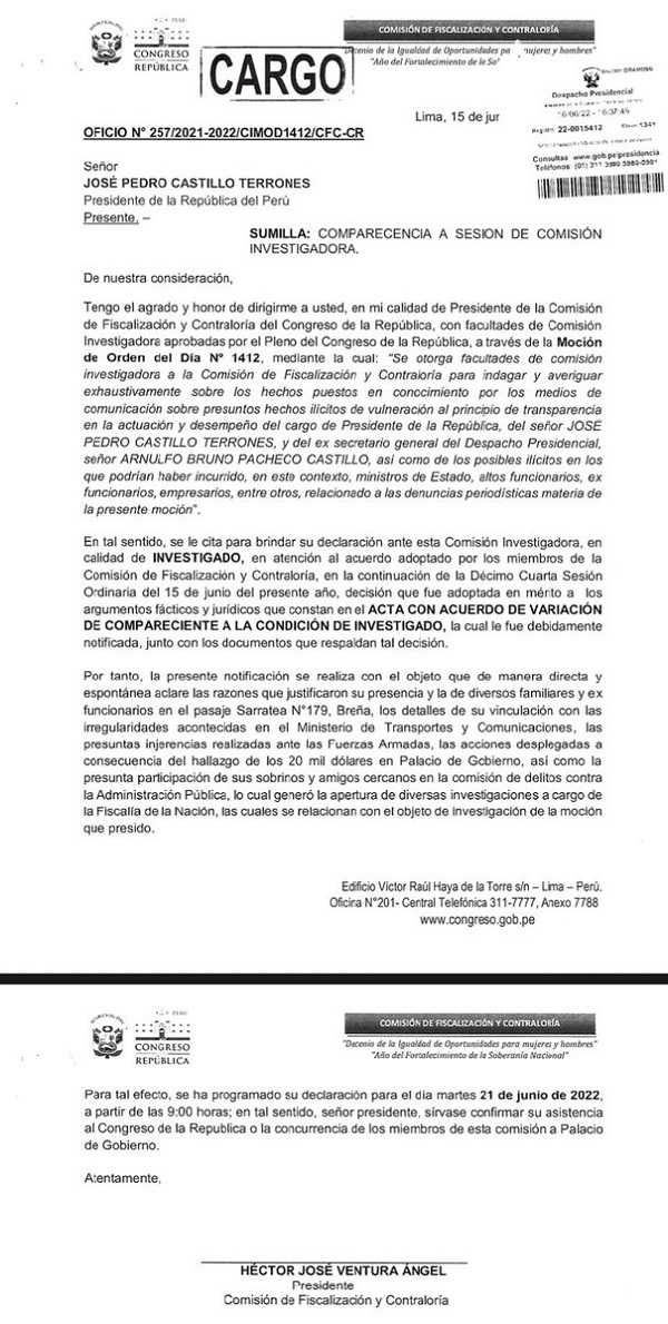 Perú – Día 0326: Comisión de Fiscalización cita a Pedro Castillo en calidad de investigado