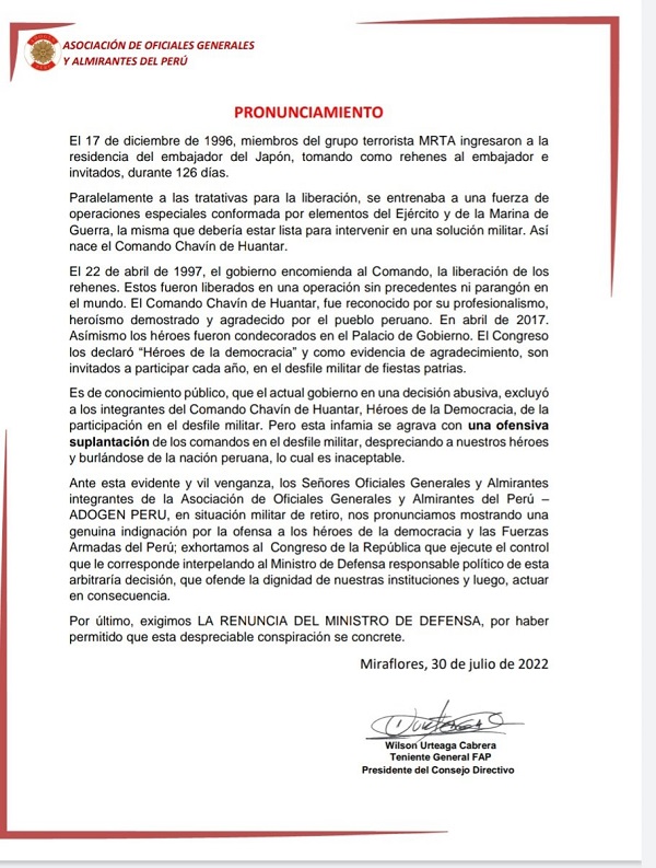 Perú – Día 00369: La ADOGEN exhorta al Congreso a interpelar al ministro de Defensa