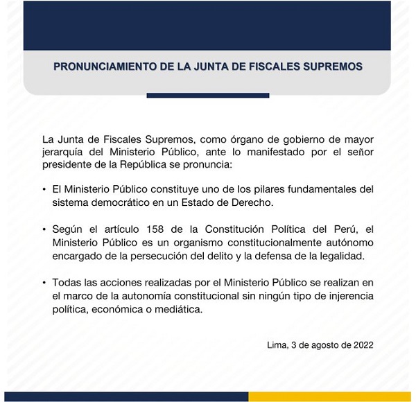 Perú – Día 00372: La Junta de Fiscales Supremos le indica a Pedro Castillo que el Ministerio Público tiene autonomía