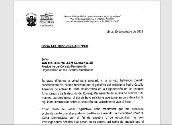 Perú – Día 00448: El Parlamento alerta a la OEA sobre la coyuntura real que vive el Perú