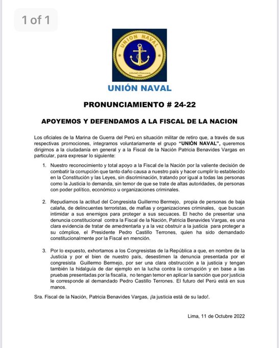 Perú – Día 00439: Marinos en retiro solicitan al Congreso aplicar la sanción que por ley le corresponde a Pedro Castillo