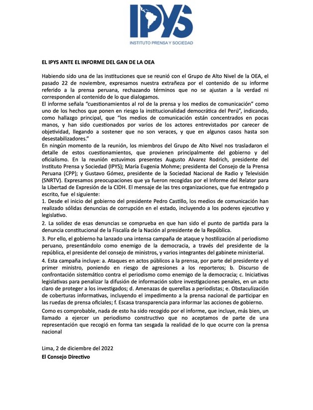 Perú – Día 00494: IPYS expresa su extrañeza por el inusual informe de la OEA sobre la situación en Perú