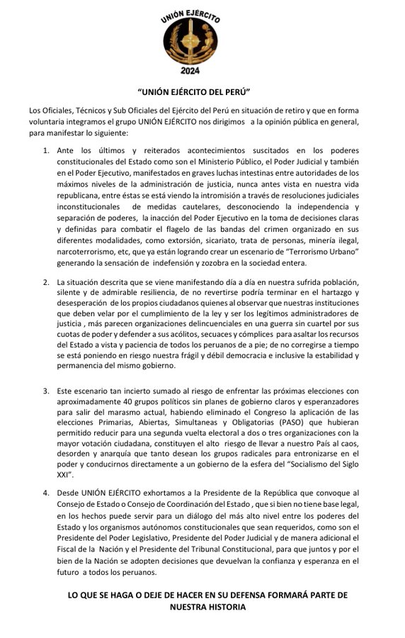 Personal en retiro del Ejército del Perú se pronuncia sobre las disputas internas en el Ministerio Público, irregularidades en el Poder Judicial, inacción en el Poder Ejecutivo