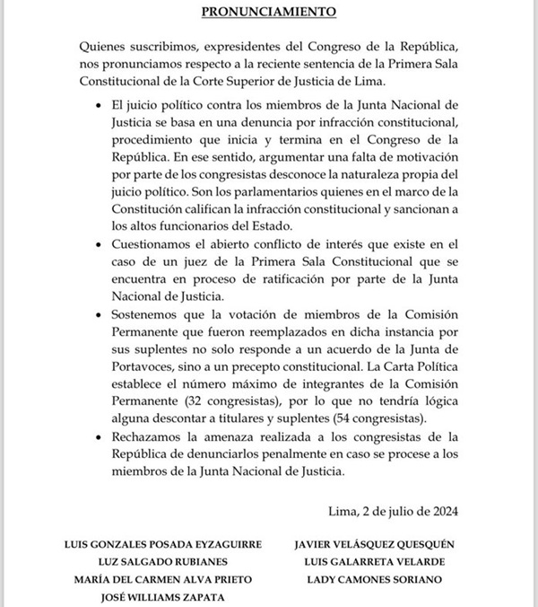 Expresidentes del Congreso de Perú rechazan nueva intromisión del Poder Judicial en competencias del Parlamento