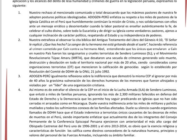 Almirantes y Generales en retiro expresan su rechazo a la “postura política ideologizada” de la Conferencia Episcopal Peruana