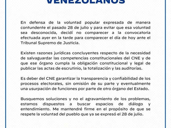 Hijos de expresidentes de Venezuela exhortan a las Fuerzas Armadas a respetar la voluntad popular