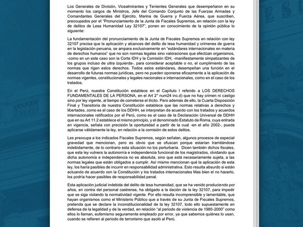 Ex altos mandos militares del Perú critican al Ministerio Público por priorizar opiniones de entes supranacionales sobre la legislación y peruana