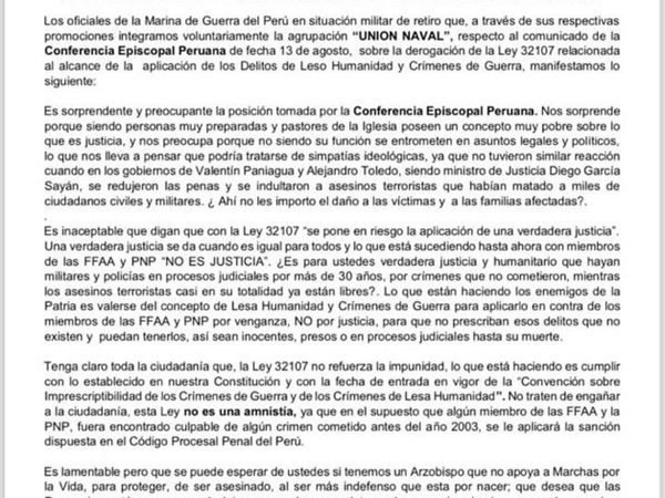 Marinos peruanos en retiro expresan preocupación por la interferencia política de la Conferencia Episcopal